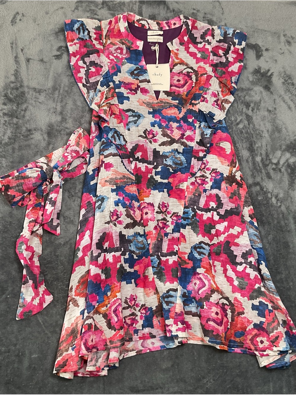 Chufy Scattered Dress Women’s M Floral Pink & Blue Tie Belt Short Sleeve Knee